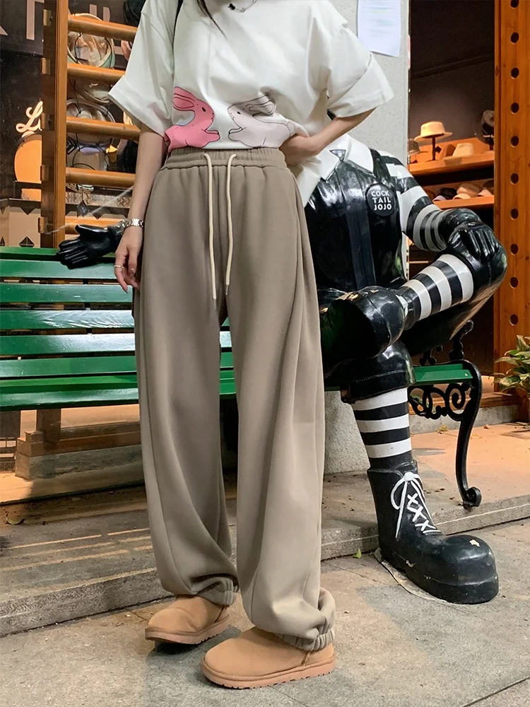 

Женские повседневные брюки Ce Brown Fce с подкладкой, свободные, широкие, с высокой талией, на шнурке, в корейском стиле, прямого кроя