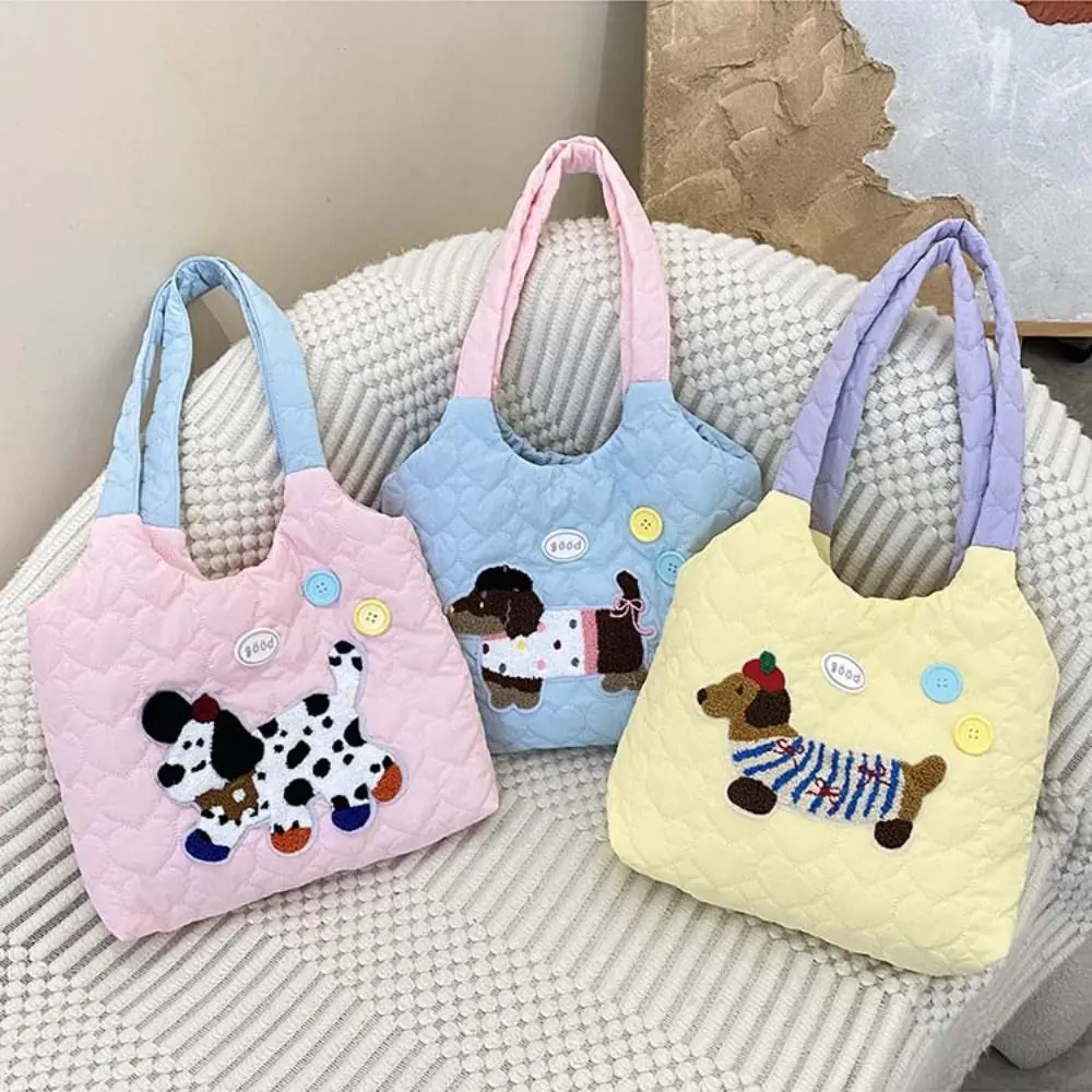 Cream Color Puppy Embroidery Handbag Korean Style Large Capacity Space Cotton Underarm Bag Solid Color Minority Design