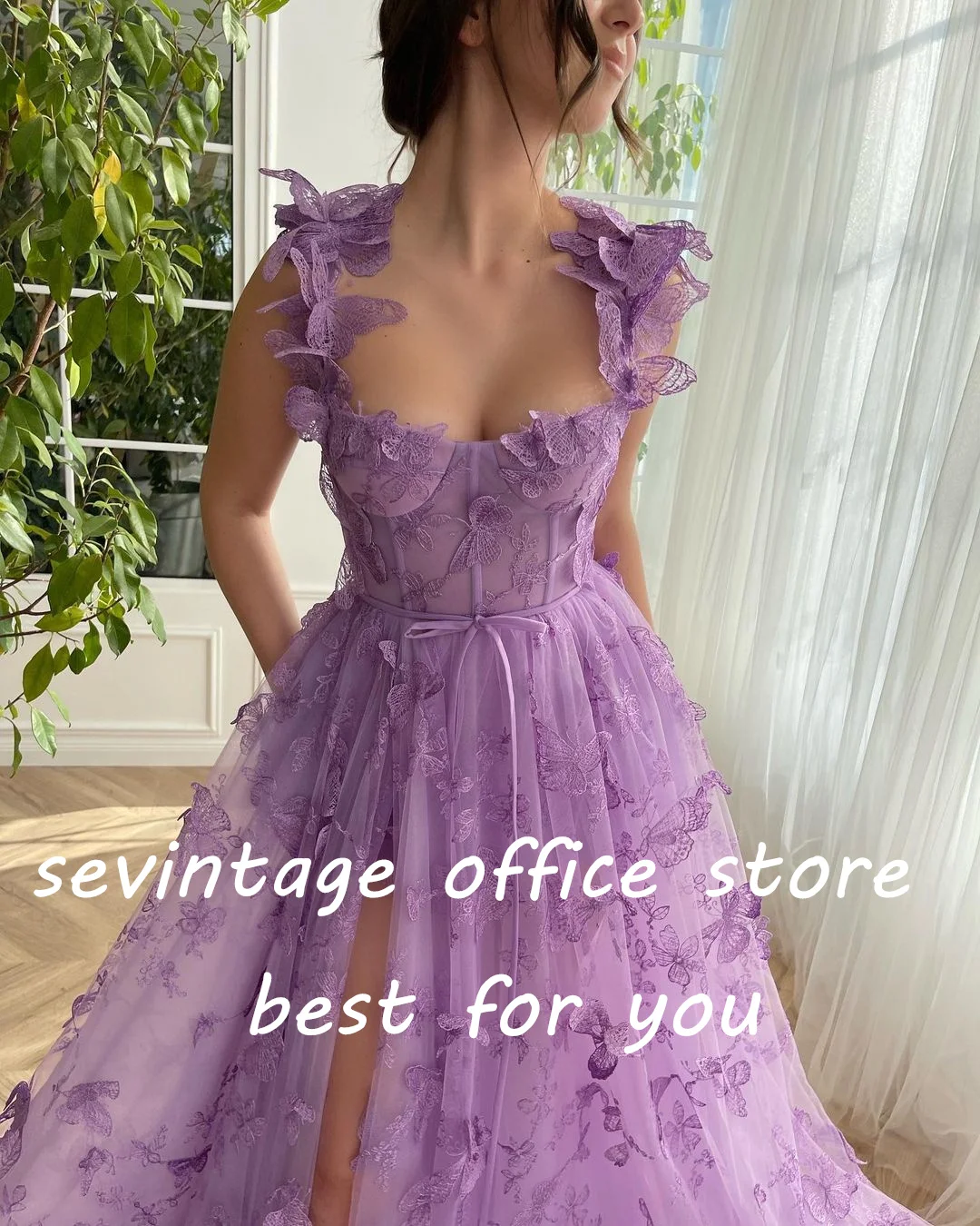 Sevintage Lavender Butterfly Lace Appliques Prom Dresses Sweetheart Sleeveless High Side Split A-Line Evening Gowns Party Dress