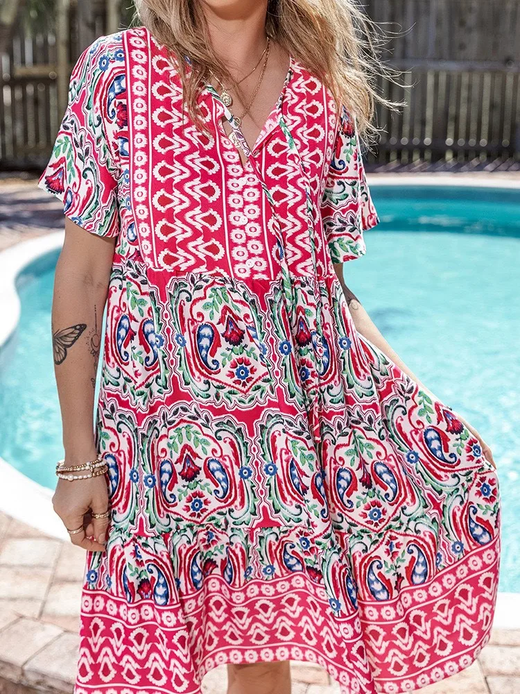 Abito da festa elegante alla moda da donna Boho stampa scollo a V manica corta abiti floreali retrò per donna abito da spiaggia allentato casual estivo