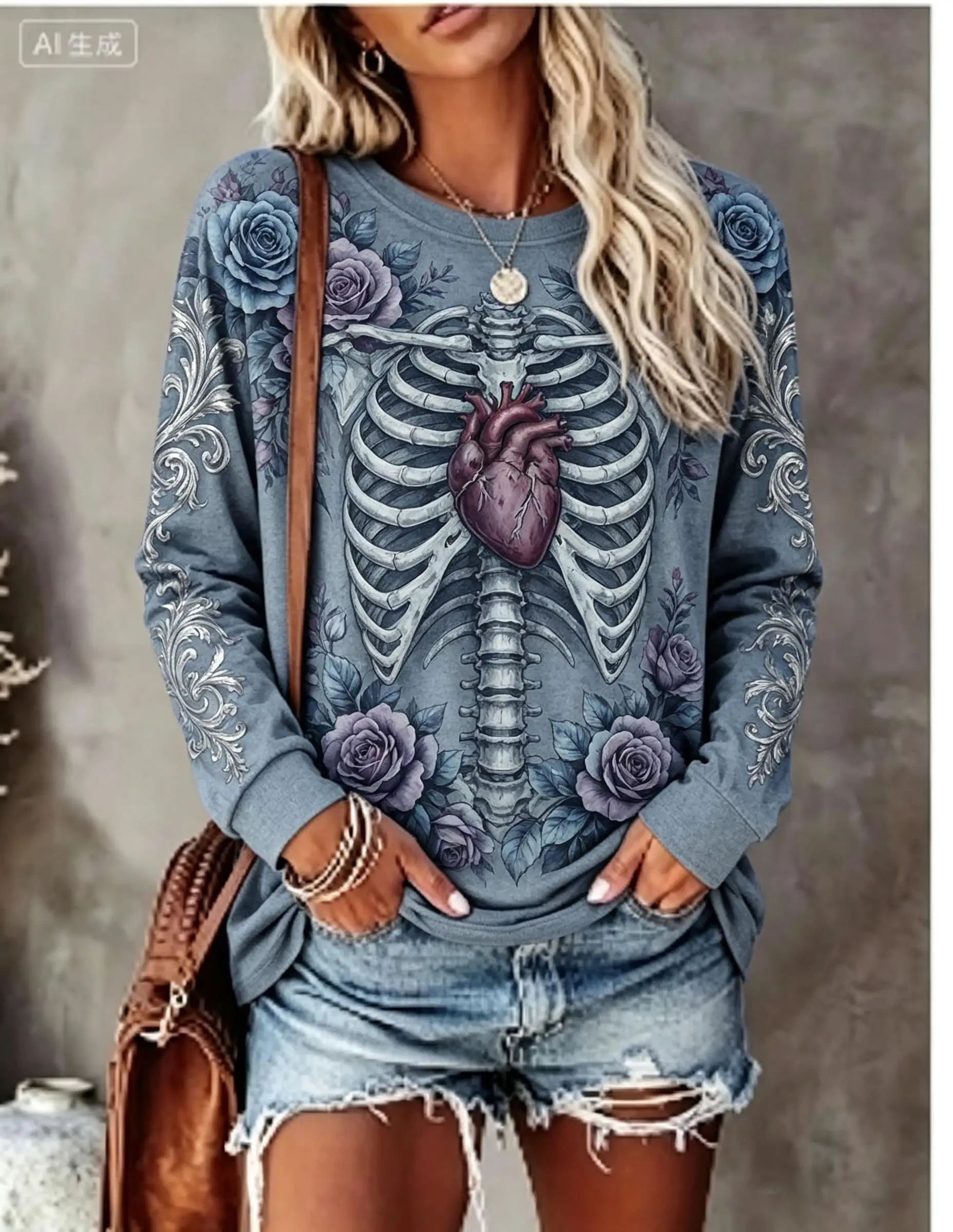Women Halloween Long Sleeve T‑Shirt Skeleton Ribcage Purple Heart Rose Gothic Print Crew Neck Tops