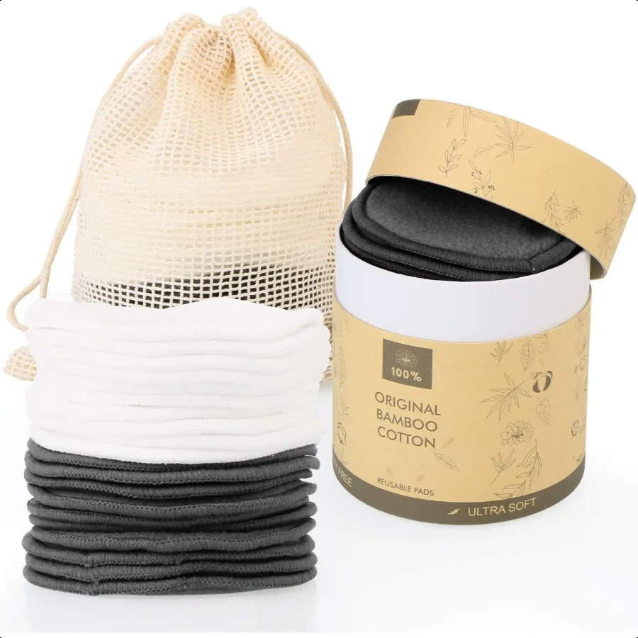 Paquete de 20 almohadillas desmaquillantes reutilizables, rondas de algodón reutilizables de bambú, almohadillas de algodón orgánico para toallitas de limpieza Facial con era