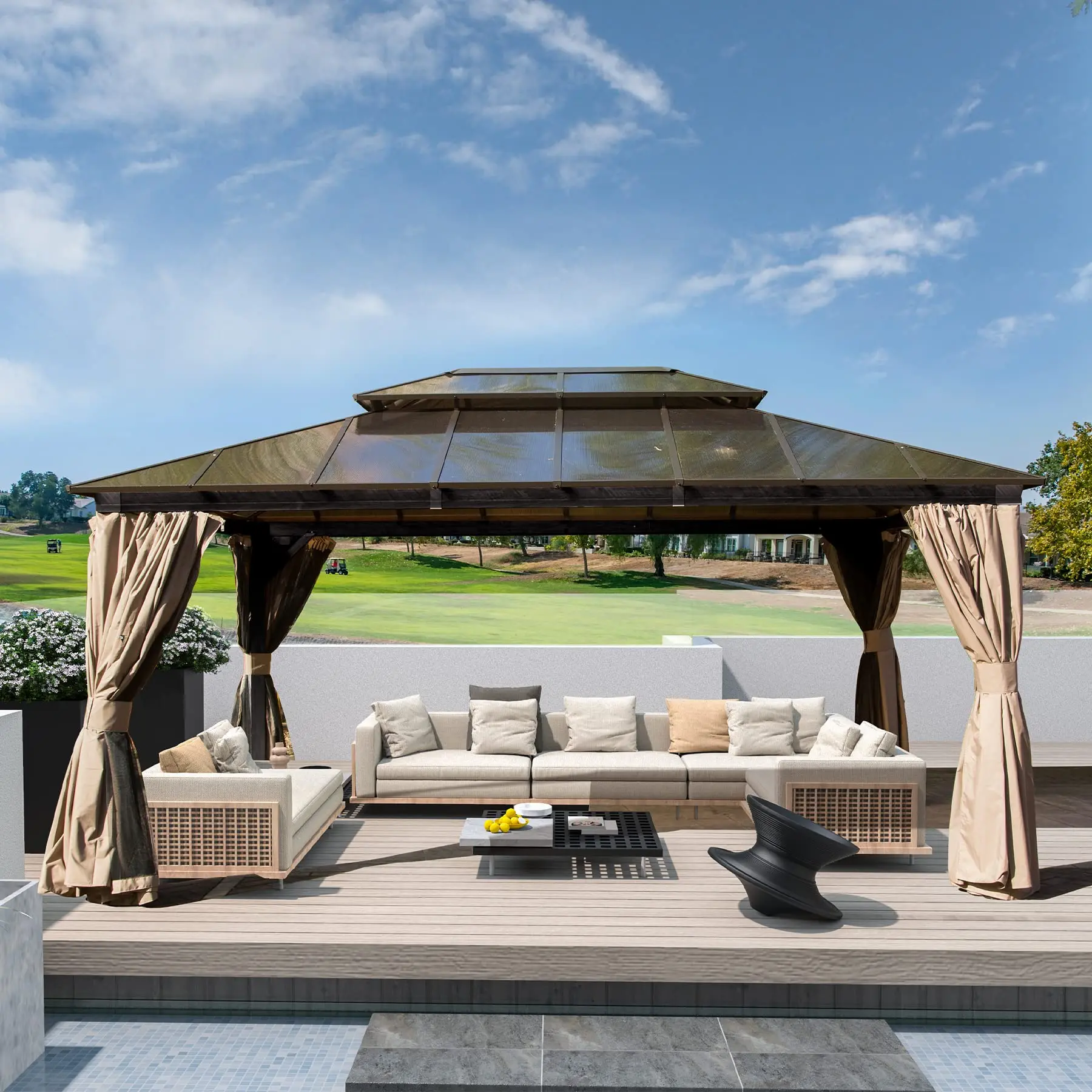 

！@Outdoor Aluminum Frame Hardtop Gazebo Polycarbonate Double Roof Permanent Metal gazebo with Curtains Netting for Patio