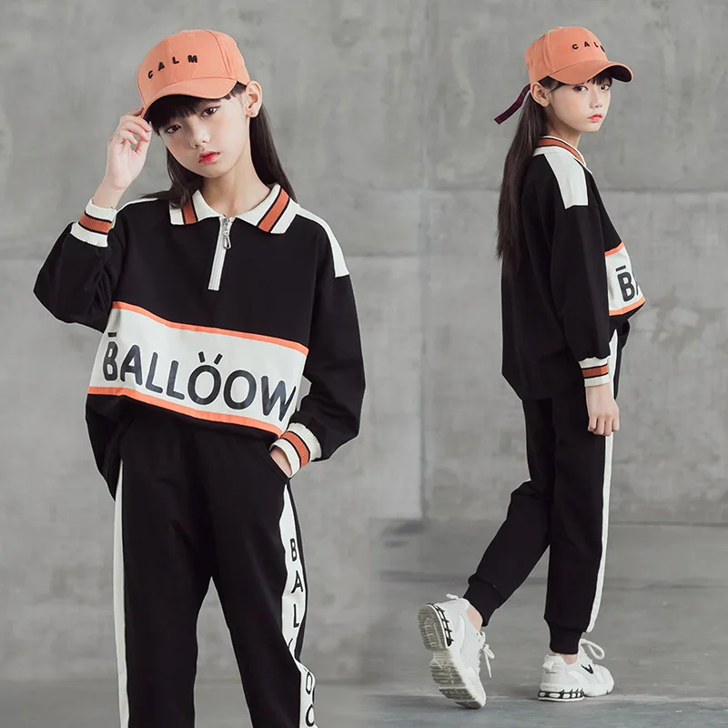 Spring Autumn Children Girl Tracksuit Teenager Girl Letter Half Zip Polo Sweatshirt+Sport Pants Child Jogger Workout Set 5-14Yrs