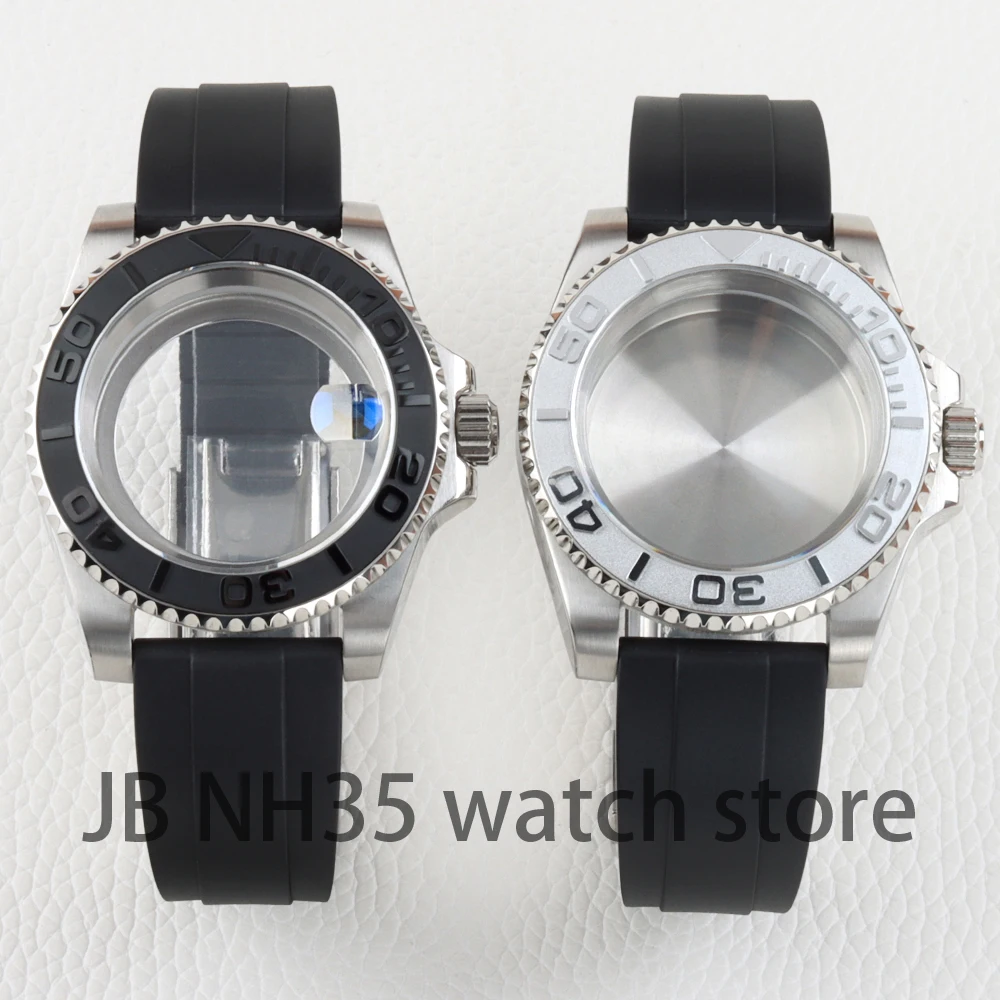 40mm Black /Sliver Ceramic Bezel Watch Case Sapphire Glass Rubber Strap For NH35 NH36 NH38 Movement 28.5mm Dial Yacht-master