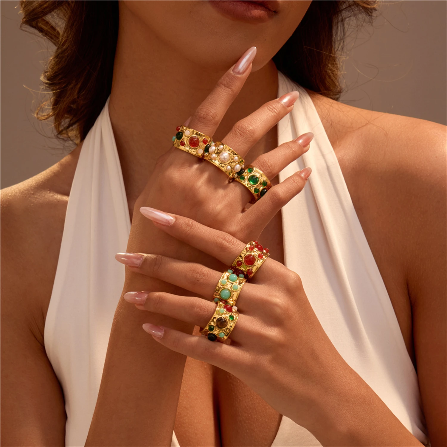

WAKA Vintage Statement Women Rings with Colorful Gemstones & Pearls Boho Chic Party Finger Jewelry Unique Retro Design