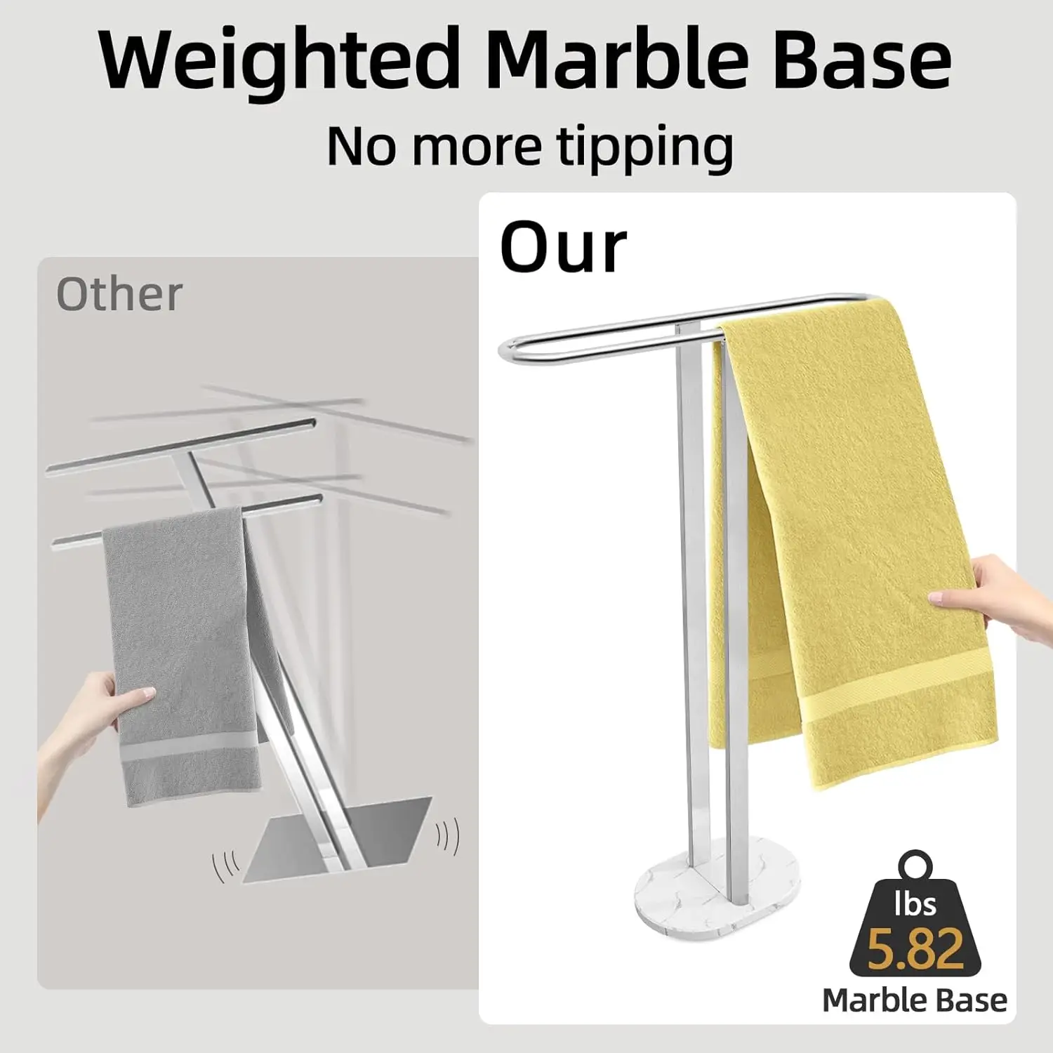 37 Inch Standing Towel Rack, 2 Tier Towel Holder Stand With Weighted Marble Base For Hanging Multiple Sizes Towels,