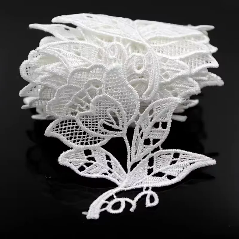 1 Yard de Tissu en Dentelle Brodé de Fleurs Blanches et Noires, Bordure Guipure pour Couture DIY, Applique Décorative Artisanale