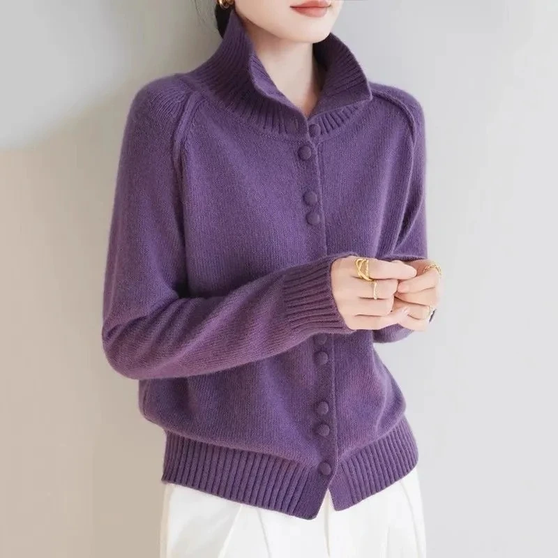 Autumnwinter Women High-necked Knitted Cardigan Sweater Coat Short Korean Long-sleeved Single-breasted Sweater Jacket Ladies Top