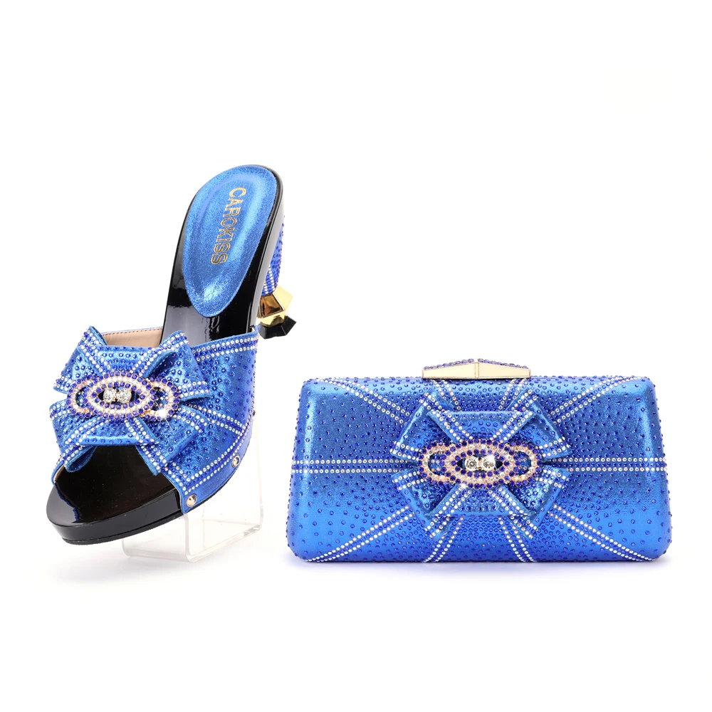 2022 New Fashion Designs Blue 3D Flower Rhinestone Ornament Chunky Sandal With Clutch Special-shaped Heels With Bag