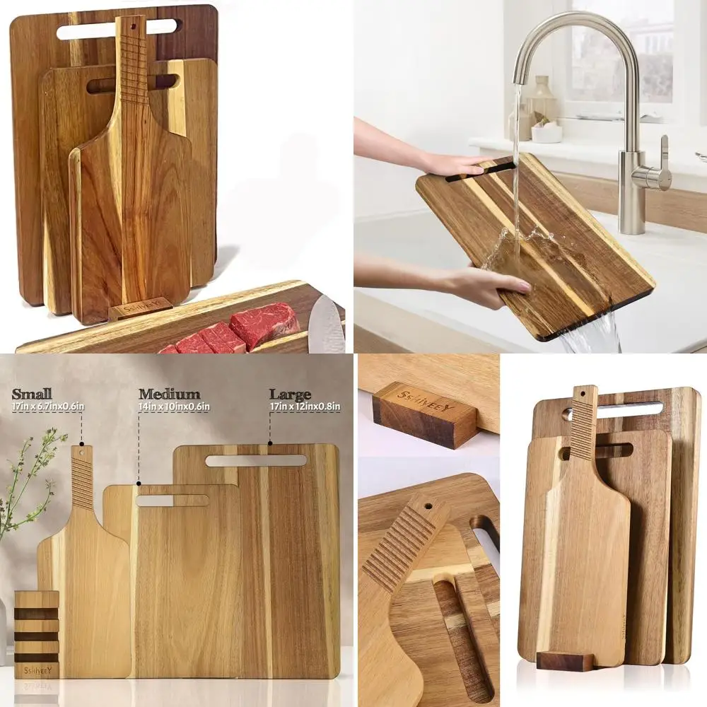

Kitchen Wood Cutting Boards - 3-Piece Acacia Set with Handle, Serving and Chopping Boards for Meat, Cheese, Bread, Fruits, and V