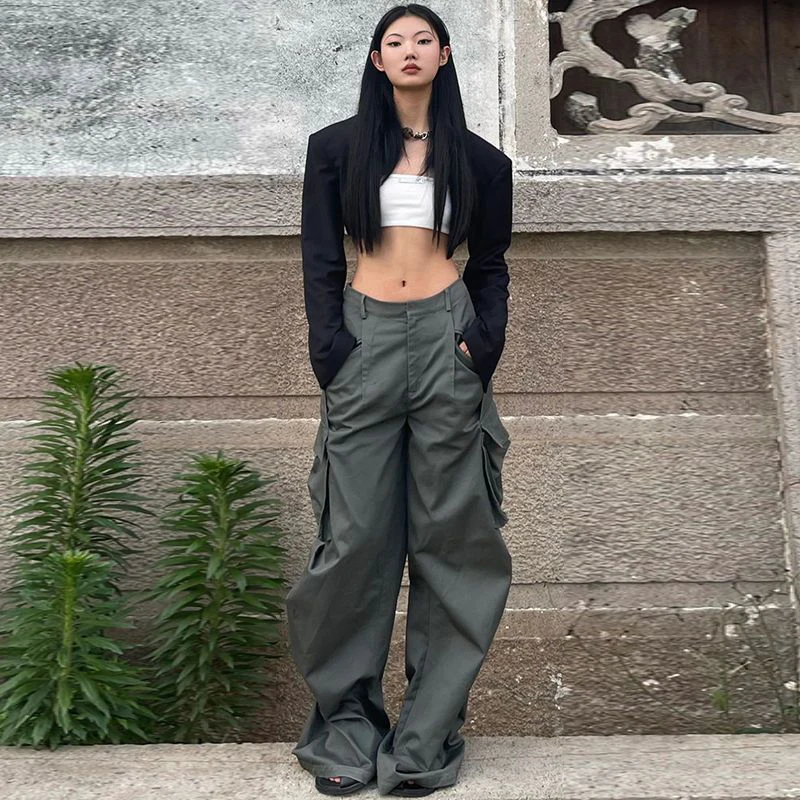 Oversize Solid Cargo Pants Women American Hip Hop Loose Pockets Wide Leg Female Trouser Basic Casual All Match Streetwear Bottom