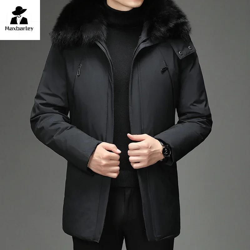 Luxury Winter Men\'s Down Jacket Business Soft Comfortable Big Fur Collar Hooded Feather Duck Coat Man Trendy Warm Puffer Jacket