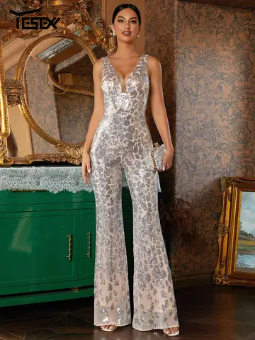 Yesexy Summer Women V-neck Sequin Backless Jumpsuit Chic Elegant Comfortable Apricot