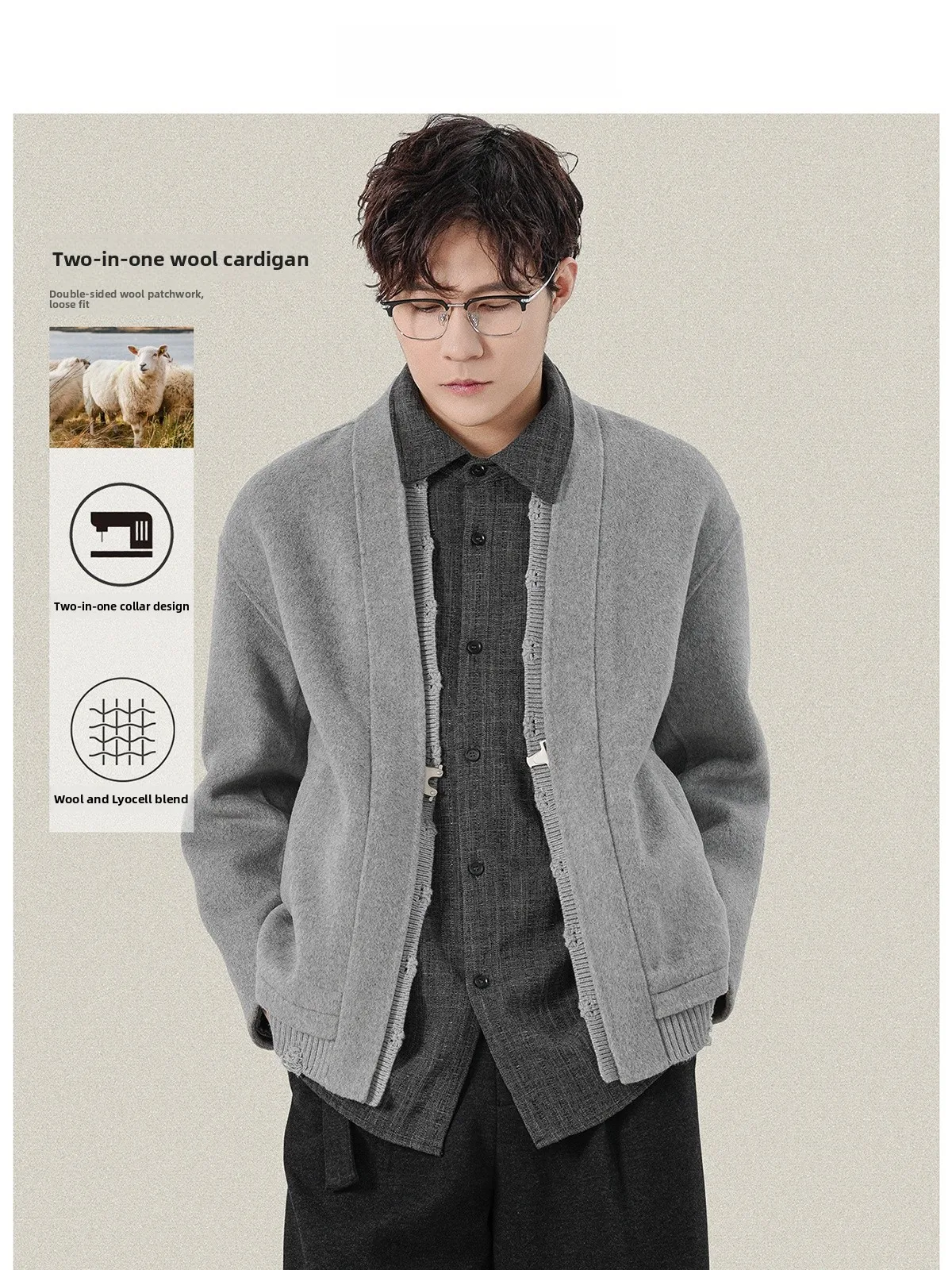 

New Chinese Sle Men's ort Cardigan Double Face Woolen Coat Patchwork Winter Outerwear Faionable Urban Youth Leisure