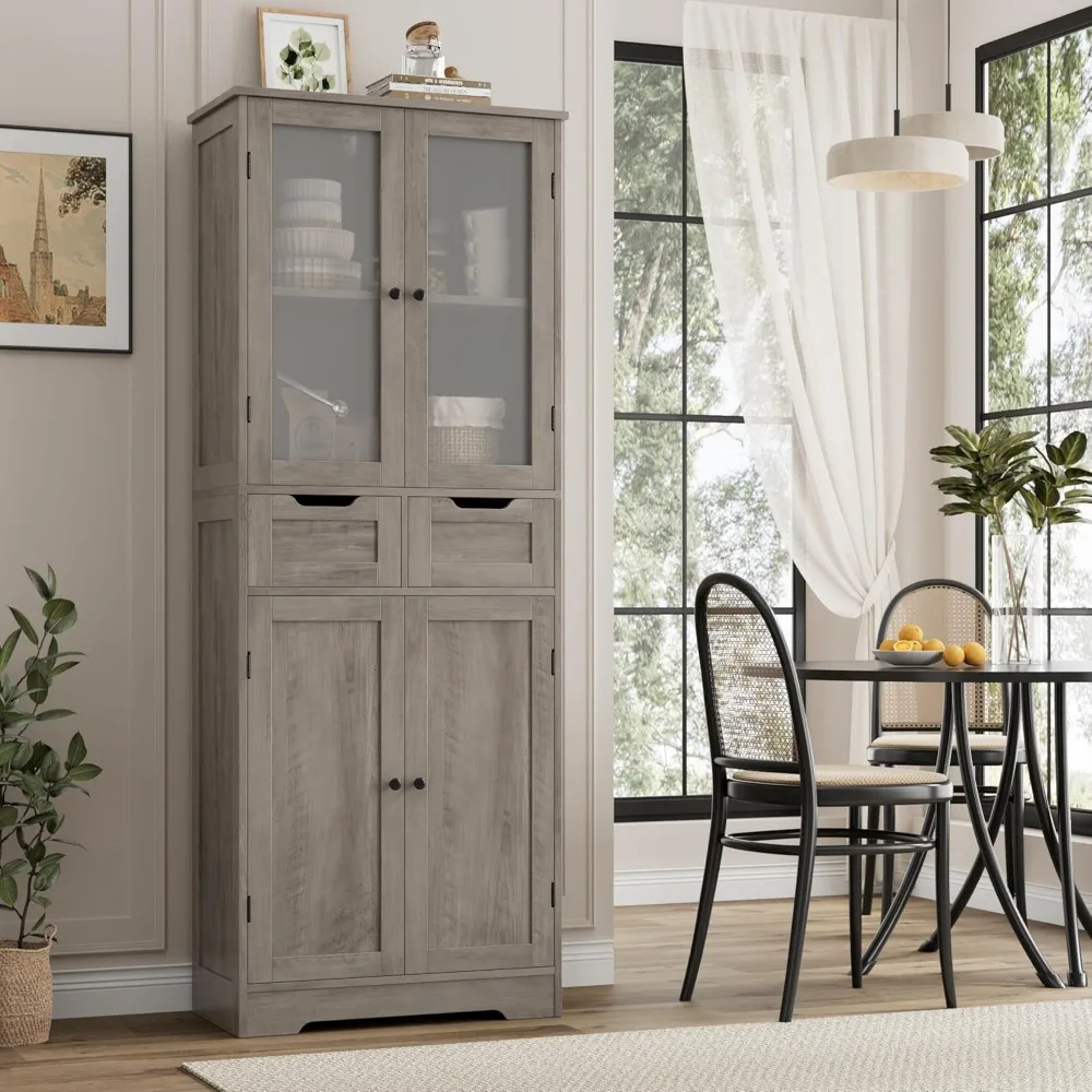 

67" Tall Storage Cabinet, Freestanding Pantry Cabinet with Glass Door and Shelves, Linen Bathroom Cabinet with 2 Drawers