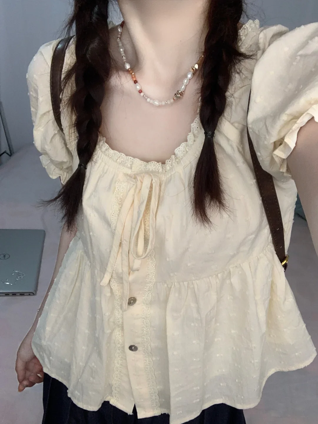 Summer Short Sleeve Bubble Sleeve Shirt Women's New 2025 Square Collar Apricot Color Korean Sle Loose Fit Pure Color Top