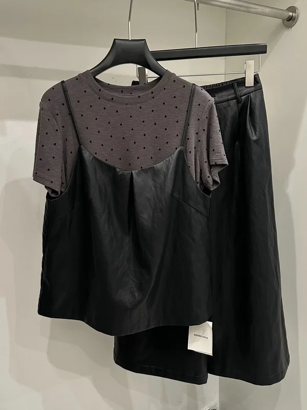 

Fashionable Three-Piece Set Short-Sleeved T-Leather Jacket And Pants Women's Casual Style Autumn Collection Chinese Manufacturer
