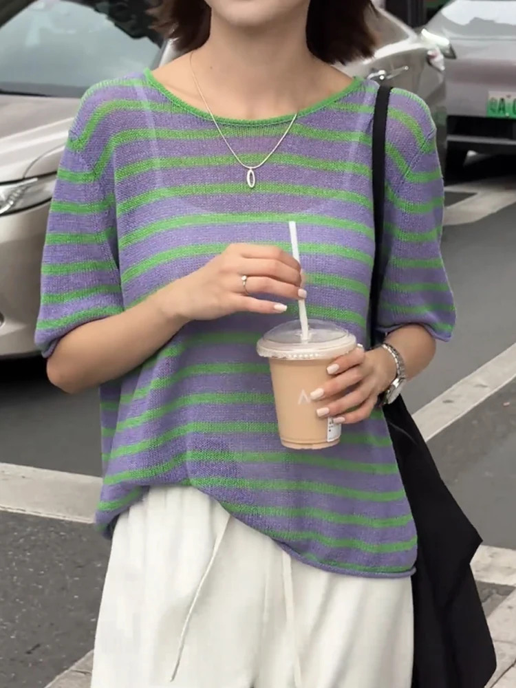 Camiseta holgada de punto transpirable coreana Sle a rayas ort Sve, camiseta moderna de verano, ropa superior de seda para mujer