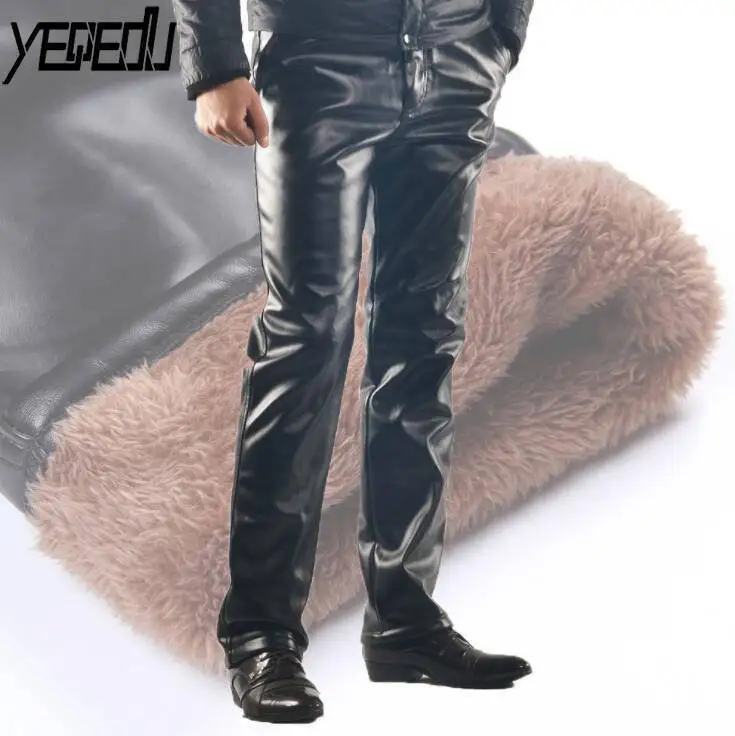 #2203 Winter Thick Warm Faux Leather Pants For Men Plus Size PU Leather Fleece Pants Fashion Motorcycle Joggers Windproof 29-46