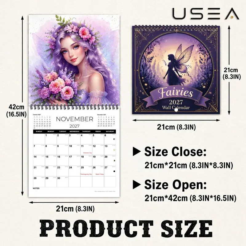 2027 Fairies Wall Calendar, Yearly Organizer,US Federal Holidays & Moon Phases, Aesthetic Decor, Gift for Mom Women Teachers
