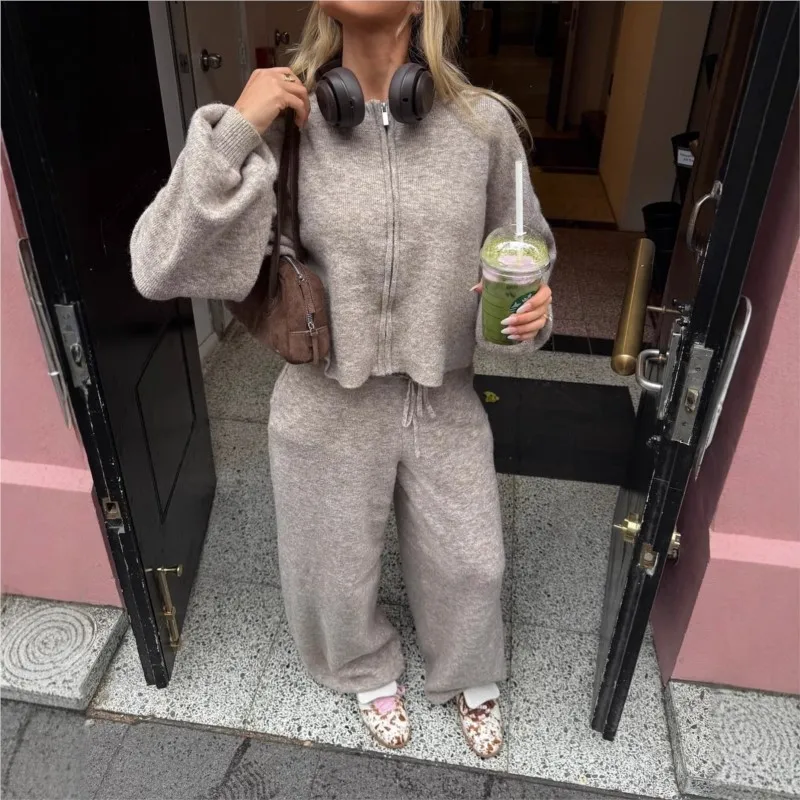 Women's Knit Tracksuit Zip Up Cardigan Wide Leg Pants Casual Two Piece Set Long Sleeve Sweater Loungewear Streetwear