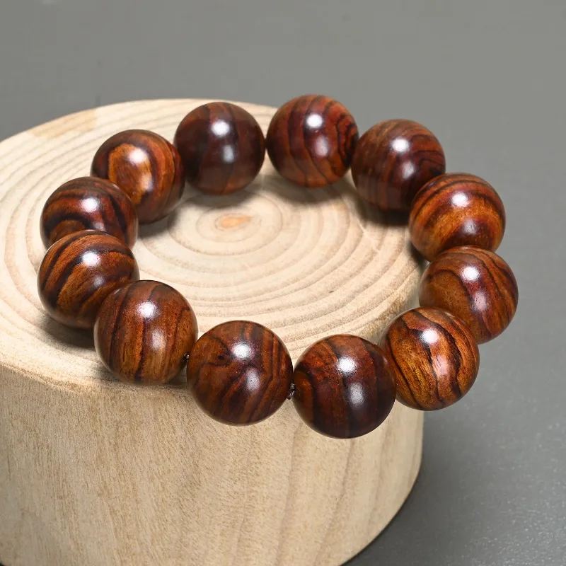 Chinese Style Auspicious Natural Hainan Huanghuali Wood Beaded Bracelet Lucky Blessing Tiger Stripe Ghost Face Prayer Mala Brace