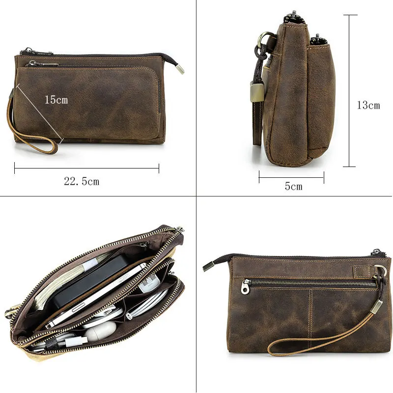 Multi-pocket Wristlet Clutch Genuine Cowhide Leather Durable Organizer Pouch Bag for Men Daily Use Travel Purse