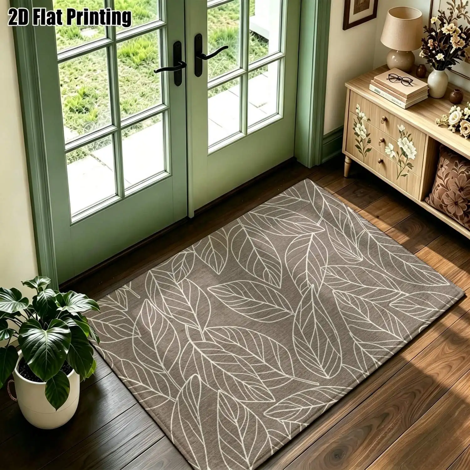 1Pc 2D Printed Carpet: Brown Base, White Line Leaf Pattern, Nordic & Minimalist, Home Decor, Multi-Size, Machine Washable, for Entrance, Dining, Foyer, Study, Living Room, Bedroom