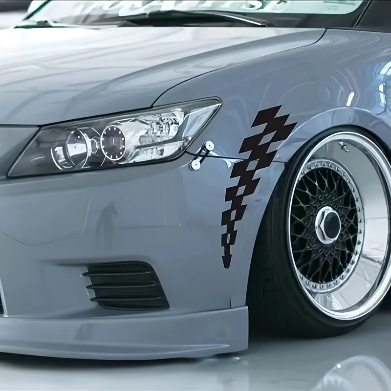 Two Pieces Featuring a Gradient Chessboard Design, Front Sticker, Sporty Racing Style, Vehicle Decal