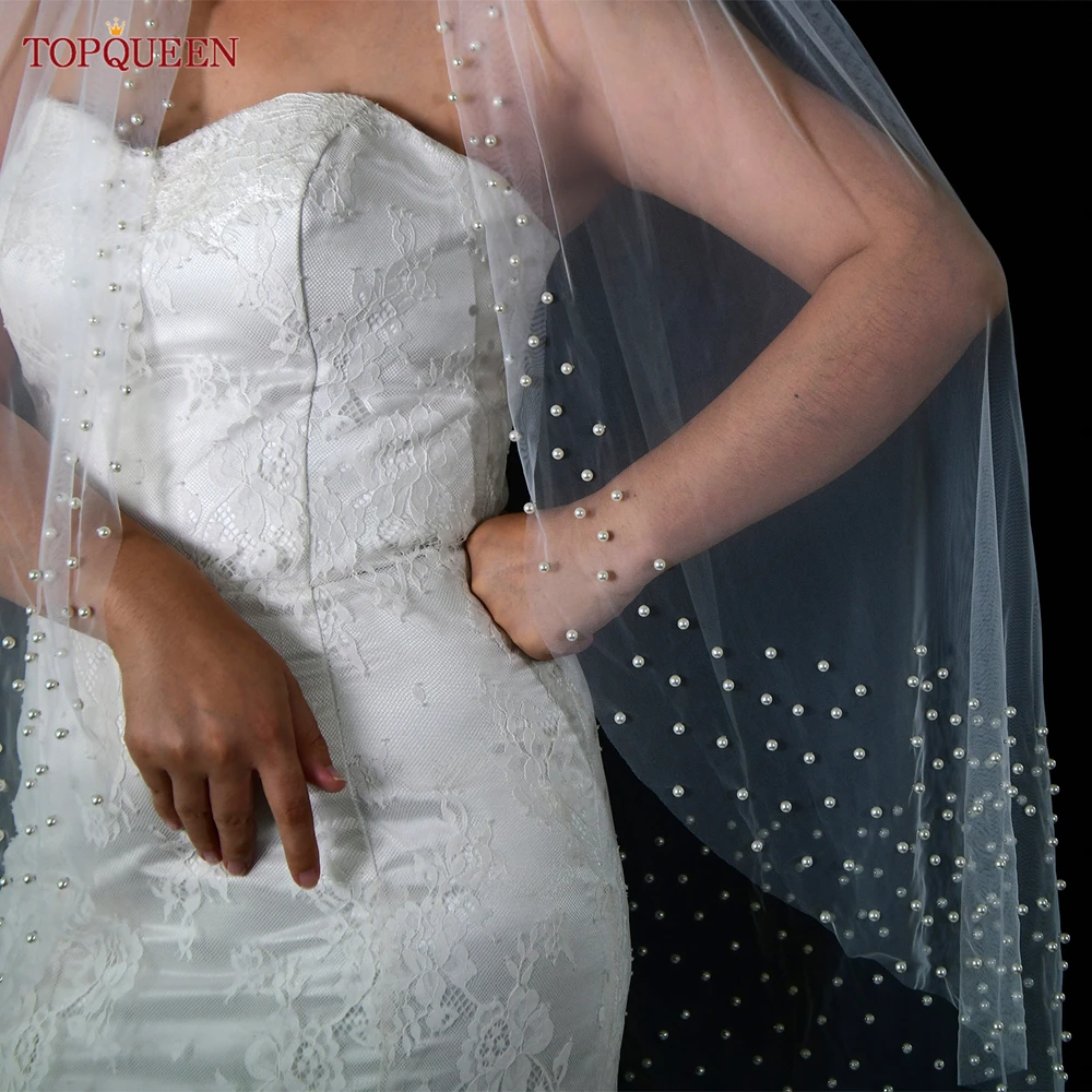 TOPQUEEN Pearls Wedding Veils with Comb Bridal Veil Type Layer Dramatic 1 Tier Pearl Veil Bridal Veils Bead Wedding Veil V157