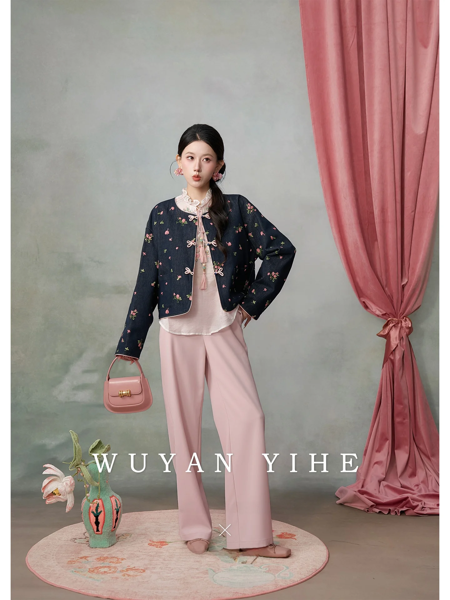 

Elegant Double-Sided Wear Cotton Silk Denim Jacket Skirt Set Blue Flower Casual Performance Date Spring Season Women's Fashion