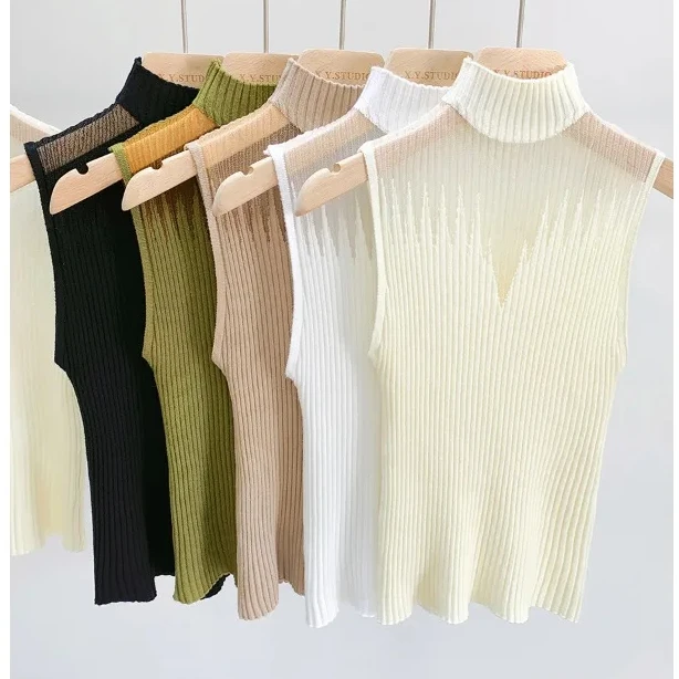 

Halter Neck Knitwear Women's Sleeveless T-Shirt Elastic Mesh See-Through Sexy Vest Sweater Tops Korean Fashion Y2k Tees Clothing