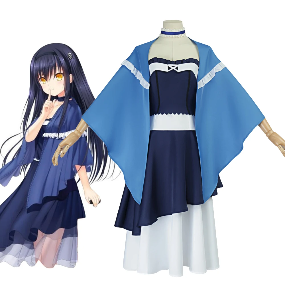 

Kushima Kamome, темно-синее платье для косплея, светло-голубая шаль, украшение на шею, костюм для вечеринки, полный комплект, женский костюм на Хэллоуин