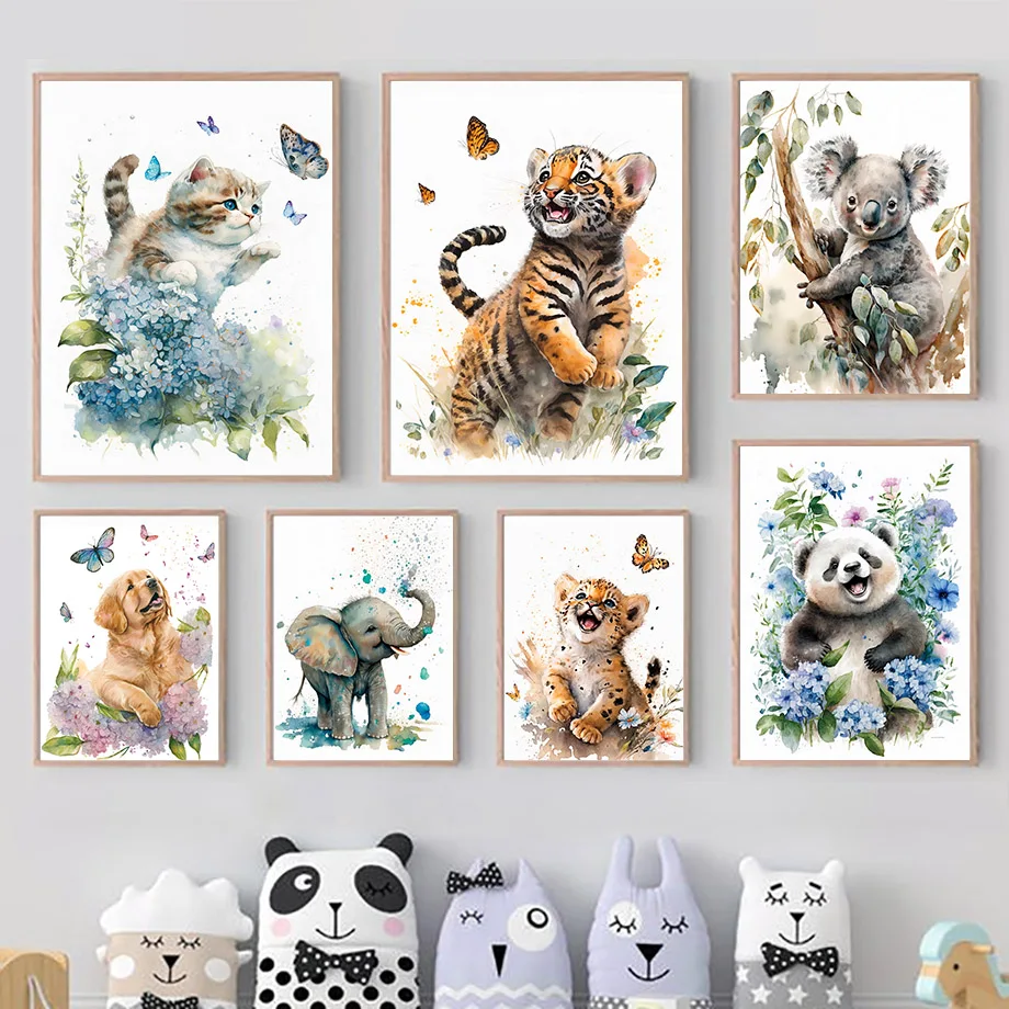 Elephant Panda Tiger Koala Cat Cartoon Animal Watercolor Posters Nursery Canvas Painting Wall Art Print Pictures Baby Room Decor