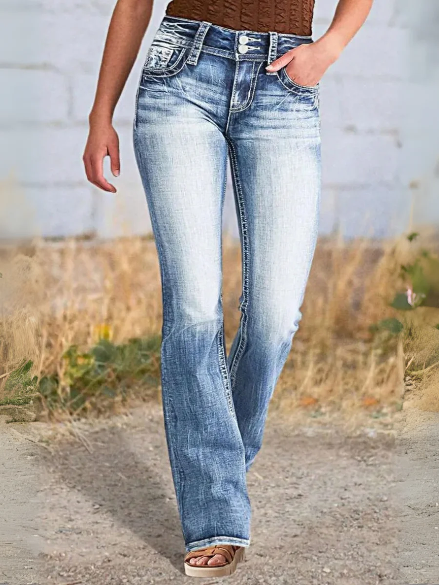【HME】Jeans | Vintage Light-Wash Denim Pants, Women Boot-Cut Flare Denim With Star Decorative Pockets, Faded Whisker Detail, Double Button Closure, Casual Western-Inspired Daily Pants