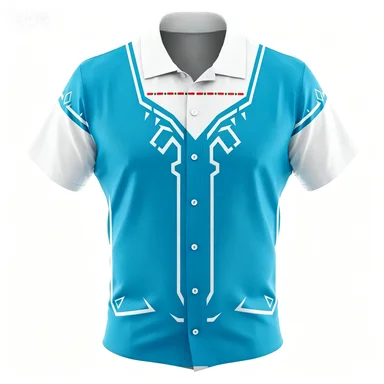 Men's Zelda Inspired Collar Shirt with Blue and White Sea Lotus Print Casual Pattern Beach Short Sleeved Shirt