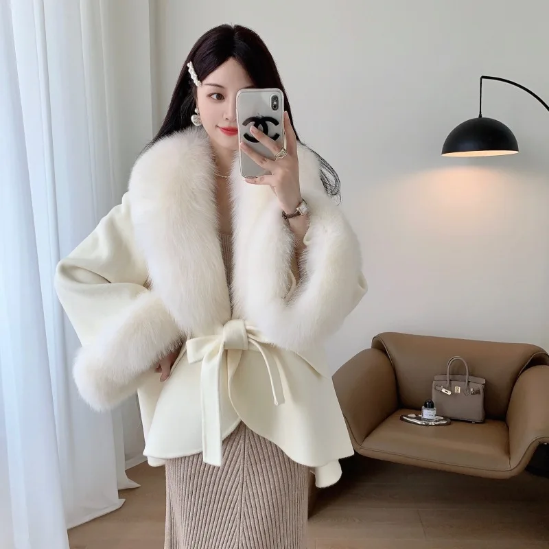 2024 Autumn And Winter New Full Leather Fox Fur Collar Fur Coat Women's cape High-grade Wool Double-sided oolen Cashmere coat