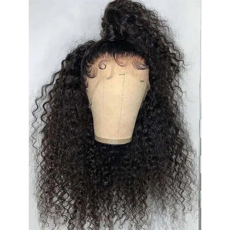 Peluca rizada con malla frontal para mujer, pelo sintético prearrancado, resistente al calor, largo, 26 pulgadas, 180de densidad, color negro, sin pegamento