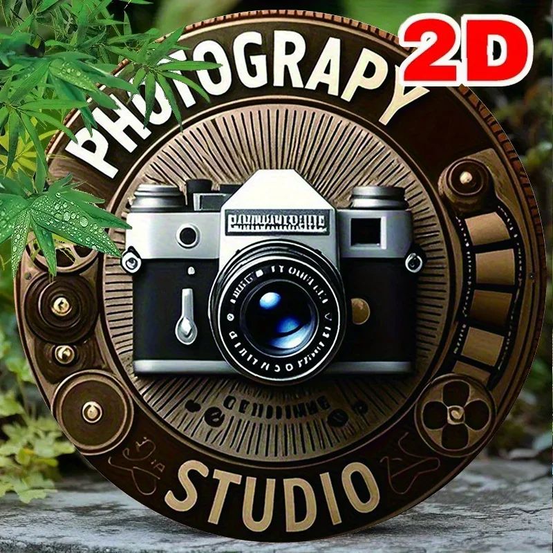 1 plaque murale en métal plate et ronde 2D, 20x20 pouces, motif rétro studio photo, décoration de studio