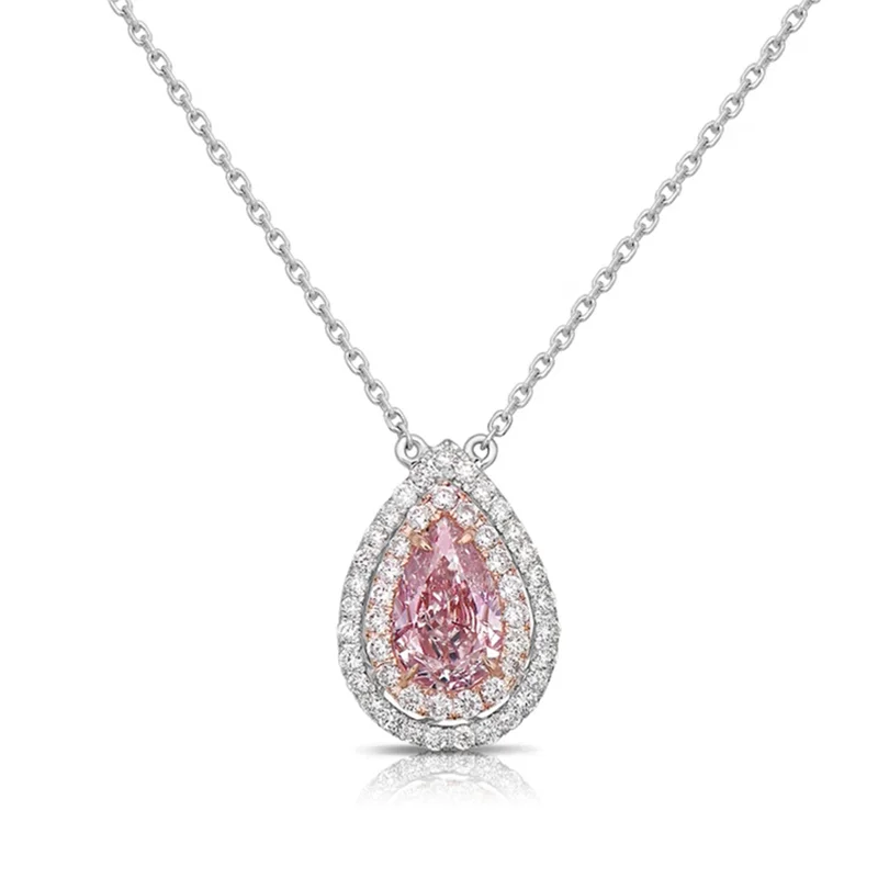 1Ct Light Pink Pear CVD&HPHT Lab Grown Diamond Two Tone Gold Pendant Necklace Gift For Her
