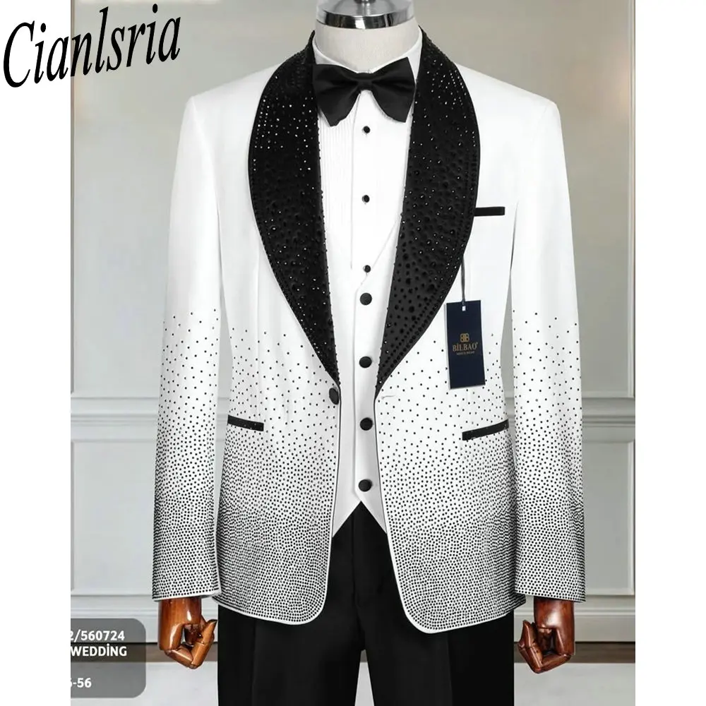 Men's White 2 Piece Suit with Black Rhinestone Beaded Lapel and Gradient Embellishment Slim Fit Tuxedo for Wedding Party Prom