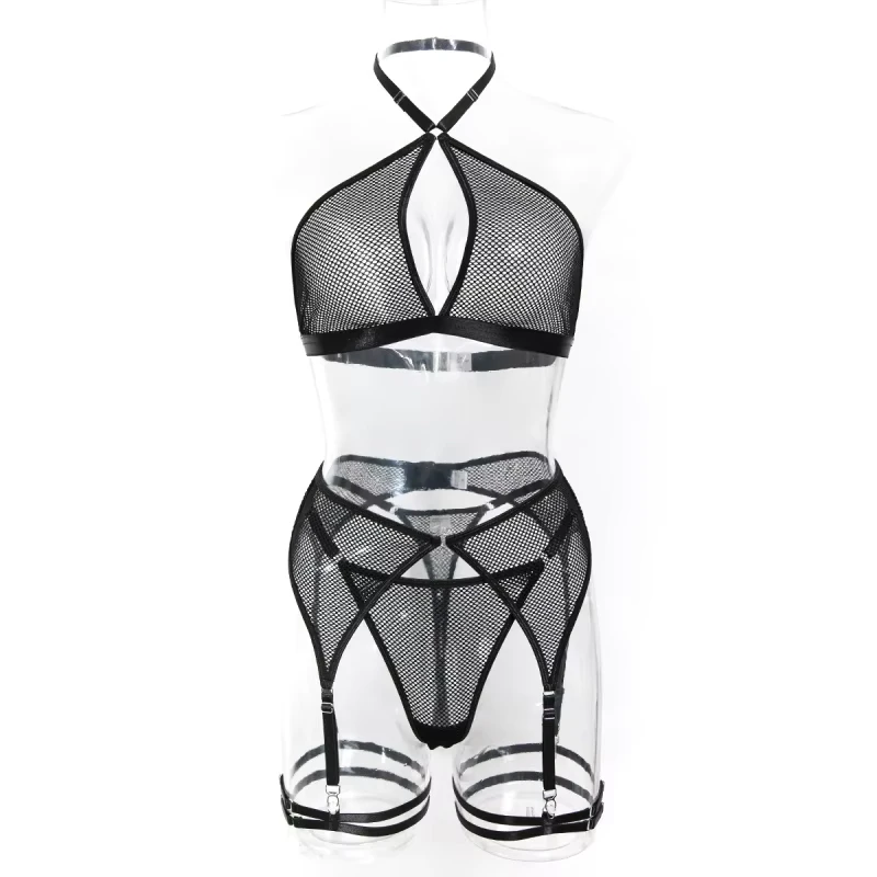 Bikini lingerie ultra-thin wireless comfortable bra sexy black mesh patchwork see-through four-piece set