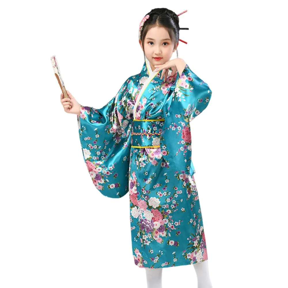 

Bathrobe Gown Children Japanese Kimono with Obi Cherry Blossom Pattern Yukata Dress Japan Style Performance Clothes