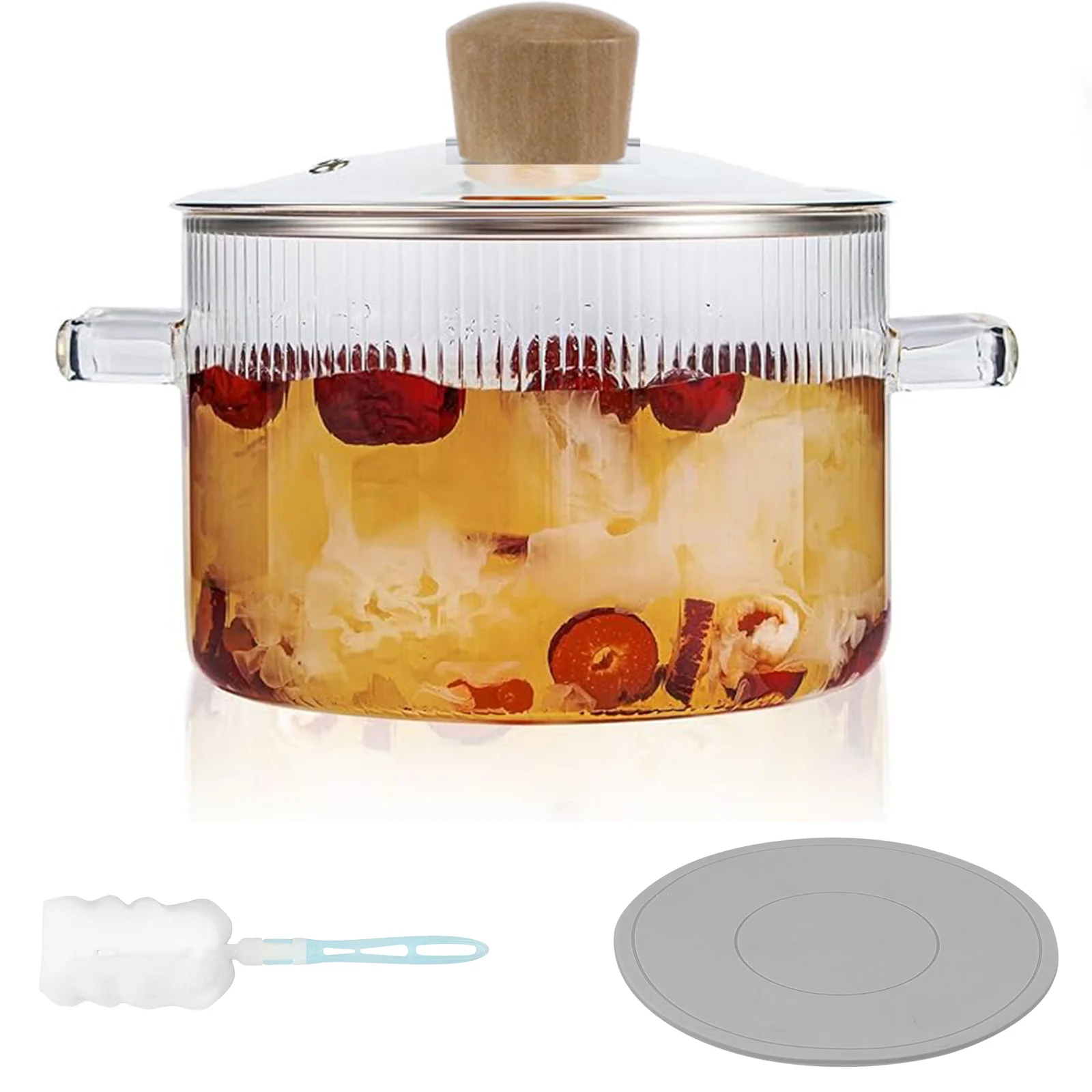 Glas-Topf, transparenter Kochtopf mit Deckel, 1,6 l, hitzebeständiger Suppentopf aus Glas, Doppelgriffe, Glas-Topf, Küchen- und Kochutensilien
