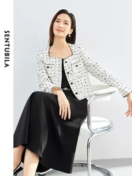 SENTUBILA Black Dot Cropped Tweed Jacket Women 2024 Spring Autumn Outerwear Elegant Long Sleeve Square Collar Coat 141W52942