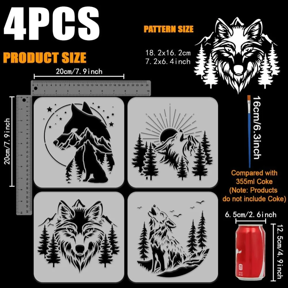 4Pcs Wolf Mountains Forest Painting Stencil with Brush 7.9x7.9 Inch 4 Styles Forest Animal Stencil Reusable Mountain Wolf DIY