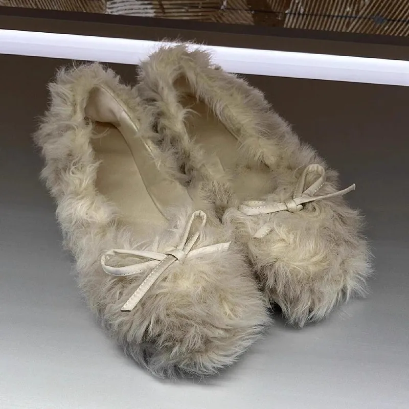 

Fluffy Luxury Brand Flat Shoes for Women Bowknot Warm Fake Fur Winter Shoes Slip on Round Toe Comfort Warm Ballet Flats Women