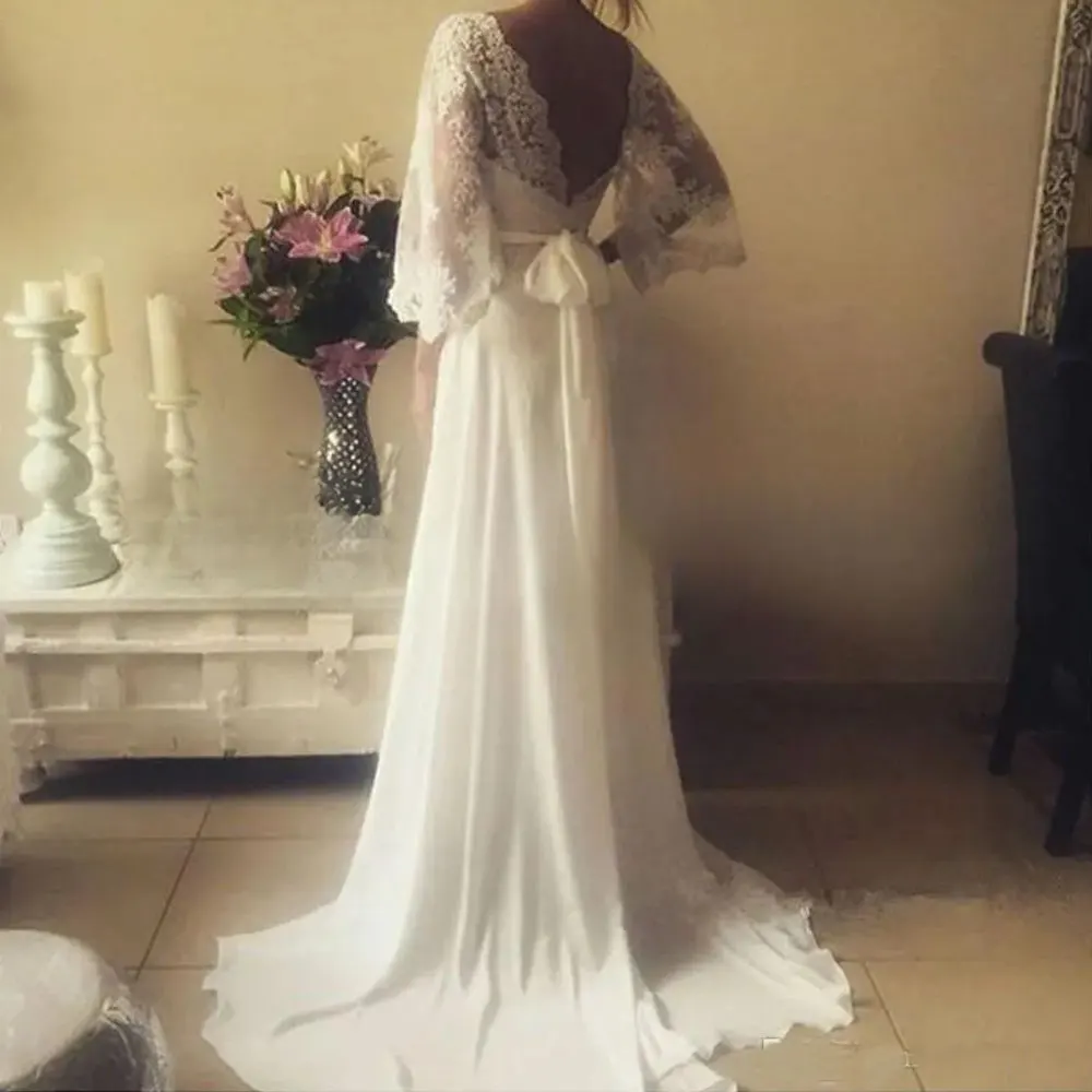 Charming Chiffon Lace Bohemian Wedding Dress 2024 A Line Plunging V Neck Long Sleeves Vintage Boho Greek Style Beach Country Wed