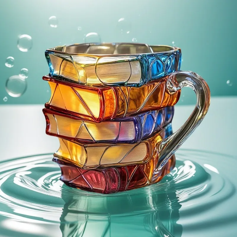 Painted Book Mug, 3D Colored Glass Book Coffee Mug, Novelty Unique Books Stack Coffee Cup, Gifts For Literature Book Lovers